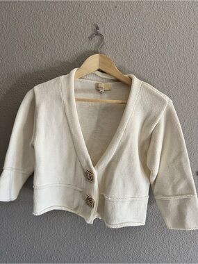 Haiku Cream Knit Cropped Cardigan with Lotus blossom buttons 100% Cotton